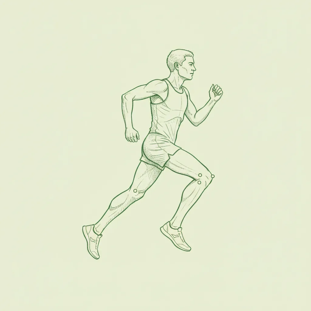 Schéma dessiné à la main d'un coureur de profil avec trois points d'analyse cerclés : appui du pied, genou, bassin